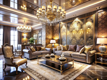 Luxurious living room with metallic wallpaper finishes showcasing opulence and glamour in interior design.