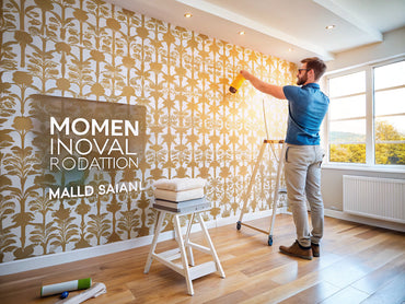 A modern room showcasing easy wallpaper installation with a person applying stylish wallpaper, emphasizing user-friendly tools and a clean workspace.