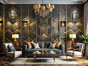 Elegant interior design featuring art deco wallpaper and geometric patterns, showcasing a luxurious living space with rich colors and intricate shapes.