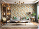 Contemporary living room with bold geometric-patterned wallpaper accent wall and neutral-toned furniture