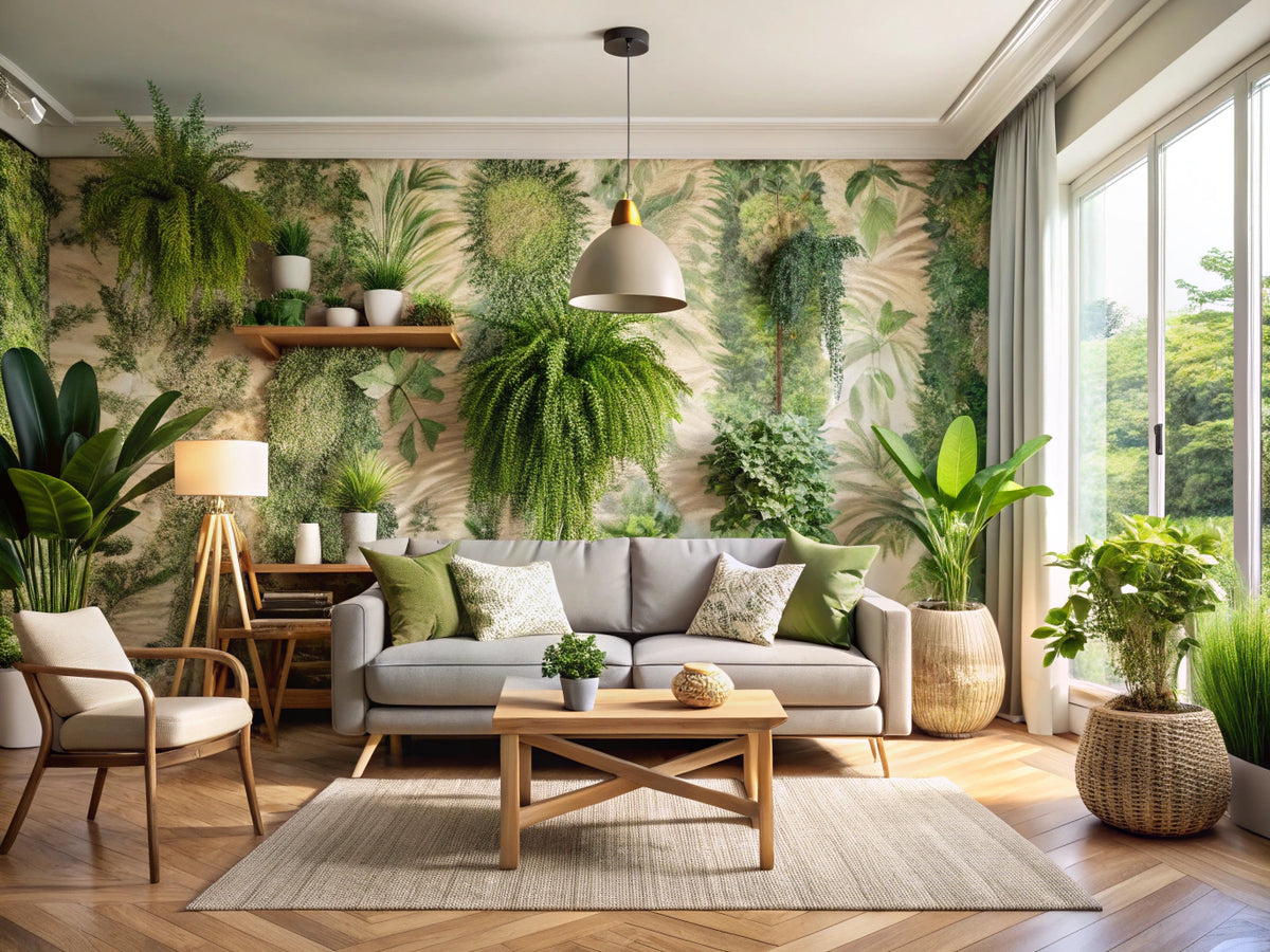 A serene living space with eco-friendly wallpaper featuring nature-inspired patterns, highlighting sustainable decor with plants and natural light.