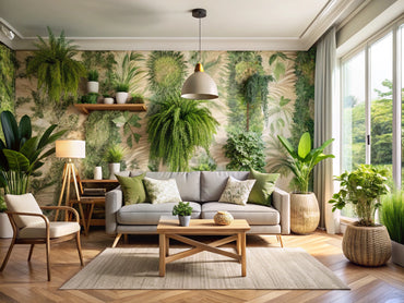 A serene living space with eco-friendly wallpaper featuring nature-inspired patterns, highlighting sustainable decor with plants and natural light.