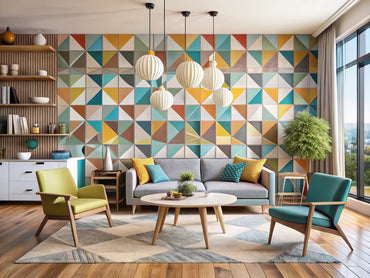 Modern interior featuring geometric wallpaper patterns, showcasing stylish shapes and colors in a contemporary setting.
