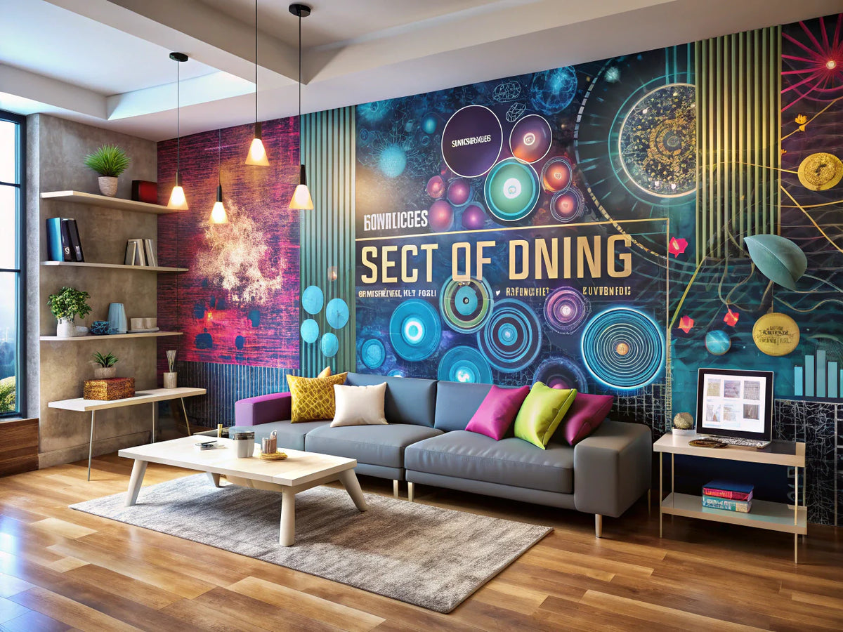 Custom wallpaper designs in a modern decorated room, showcasing personalized decor and digital printing technology trends for homeowners.