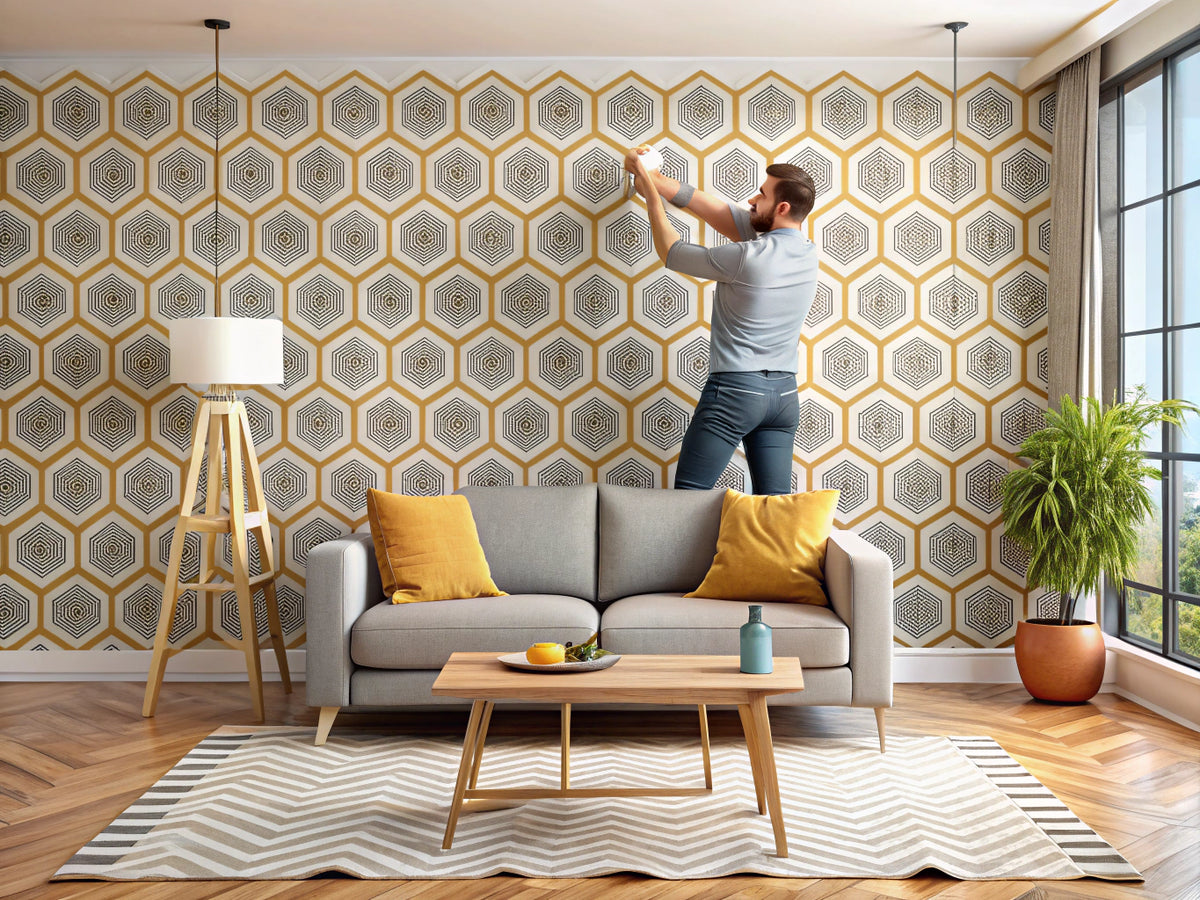 Person applying bold geometric peel-and-stick wallpaper in a modern DIY living room setting