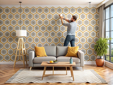 Person applying bold geometric peel-and-stick wallpaper in a modern DIY living room setting