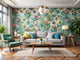 Modern living room with creative wallpaper accent walls blending geometric and floral patterns