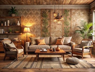 Cozy rustic living room with earthy textured wallpaper, vintage wooden furniture, and woven accents