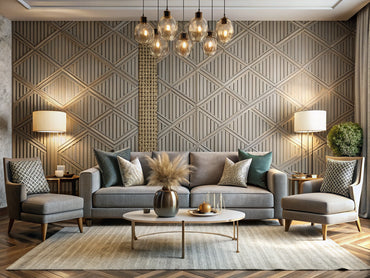 contemporary living room with textured wallpaper feature wall and metallic accents