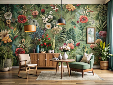 A vibrant interior showcasing floral wallpaper alongside nature-inspired decor, illustrating the contrast between bold floral designs and serene natural elements, perfect for bringing the outdoors inside.