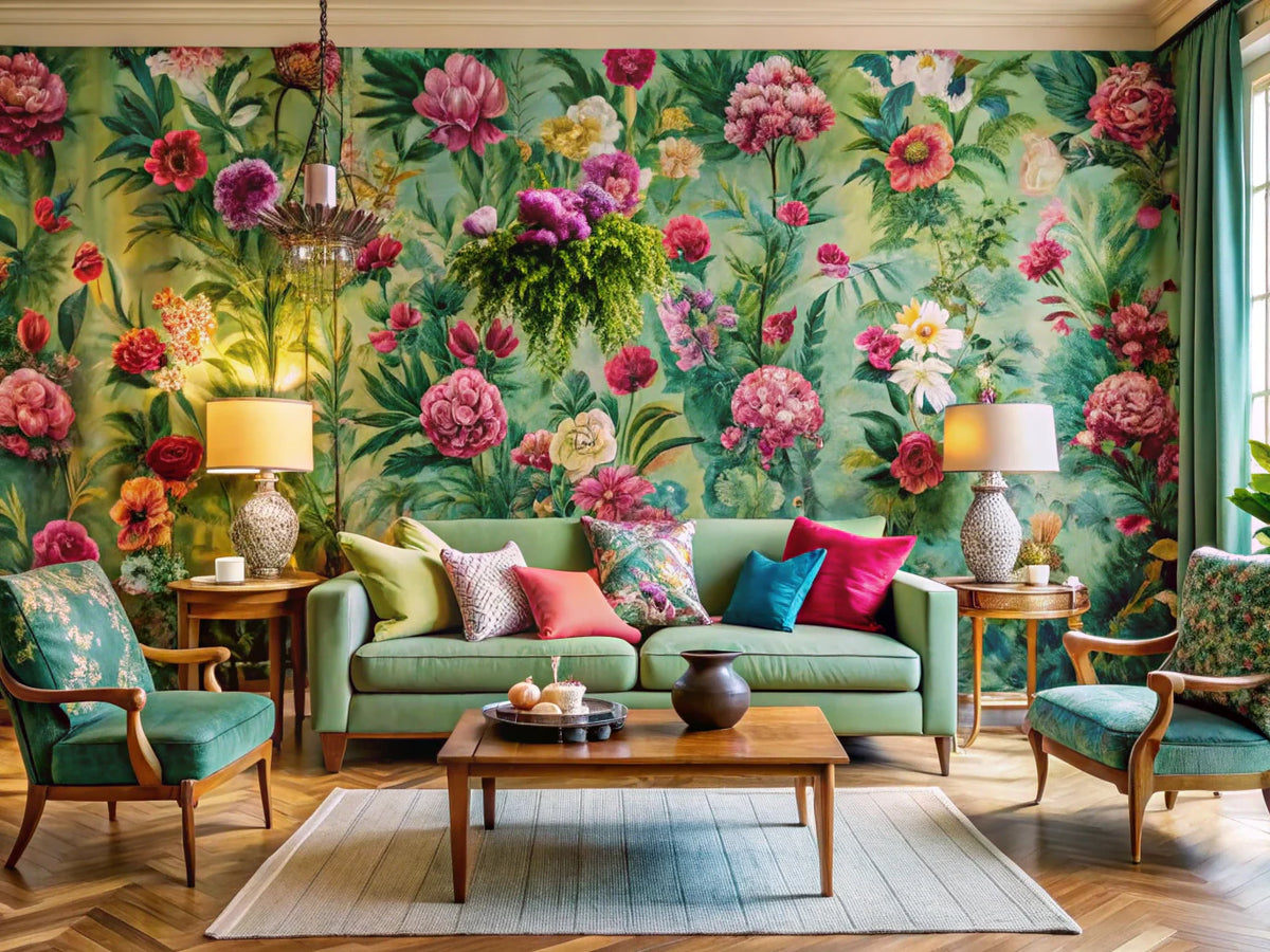 Contemporary interior design featuring vibrant floral patterns in wallpaper and decor, showcasing nature-inspired elegance for 2025 trends.