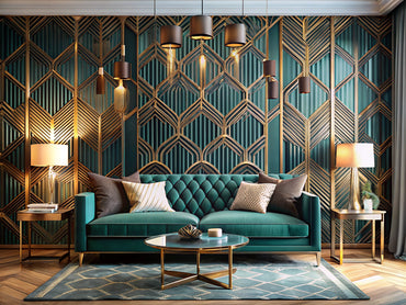 Luxurious modern living room with bold gold and black geometric Art Deco wallpaper and teal velvet sofa