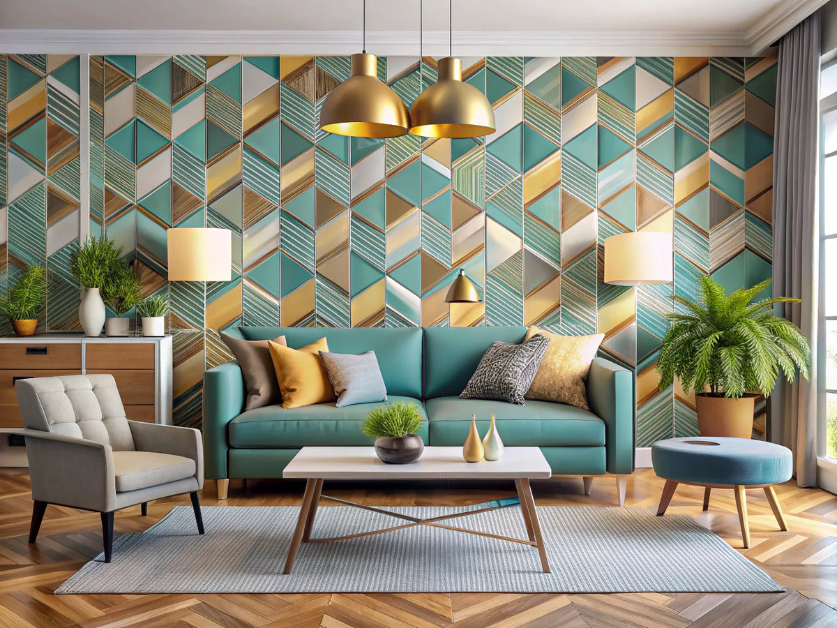Stylish living room featuring geometric wallpaper patterns, showcasing modern decor trends with elegant furniture and vibrant colors.