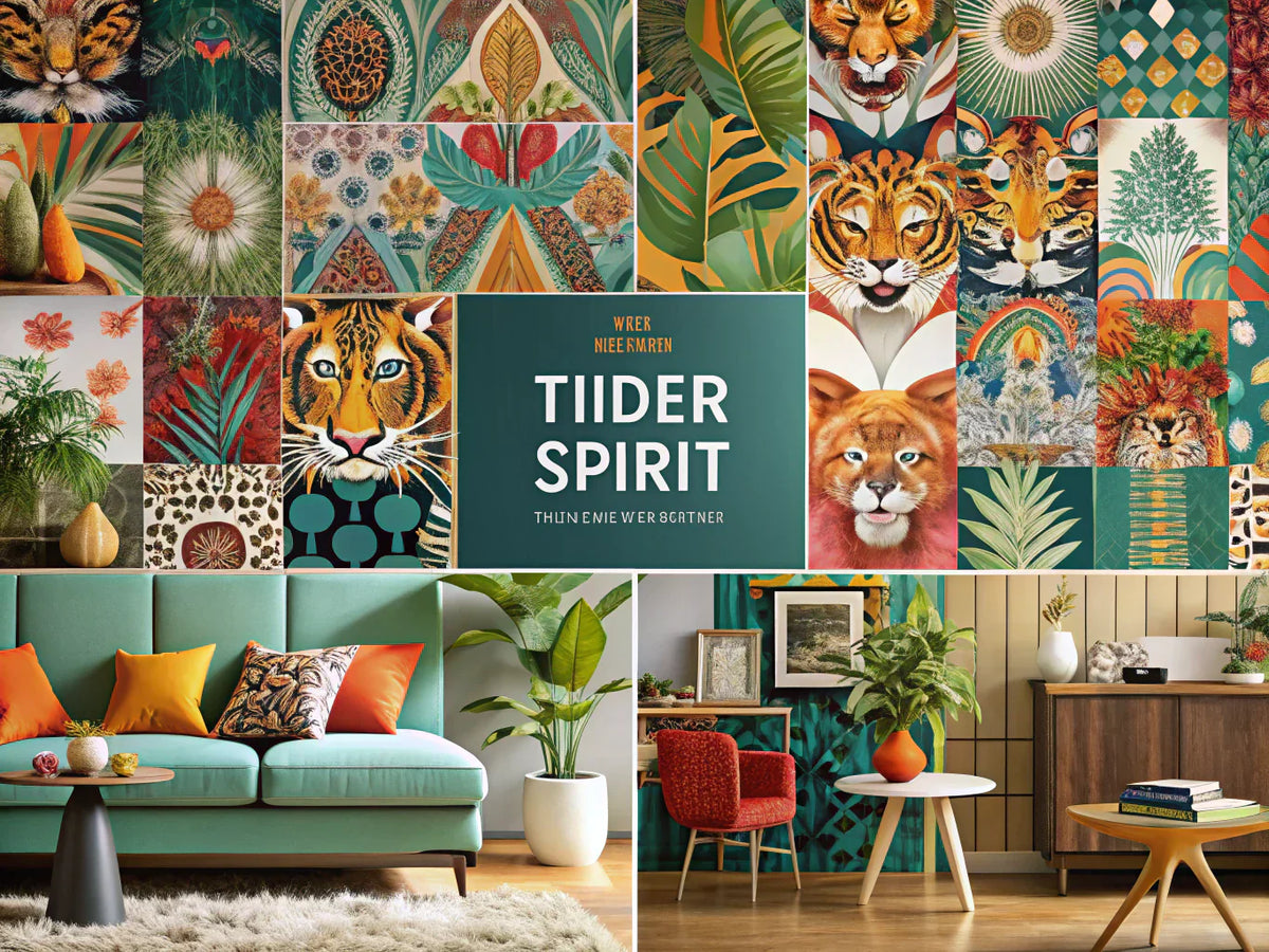 A vibrant collage of bold wallpaper patterns including kaleidoscope designs, mid-century Bauhaus patterns, retro curvy lines, modern shapes, colorful leaves, and tiger spirit motifs, reflecting modern home decor.