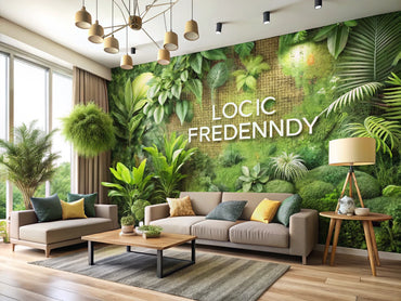 A stylish living room featuring eco-friendly wallpaper with green and nature-inspired designs, emphasizing sustainability and elegance.