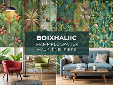 A collection of innovative and unique wallpaper designs showcasing biophilic patterns, maximalist styles, and textured wallcoverings in a modern living space.