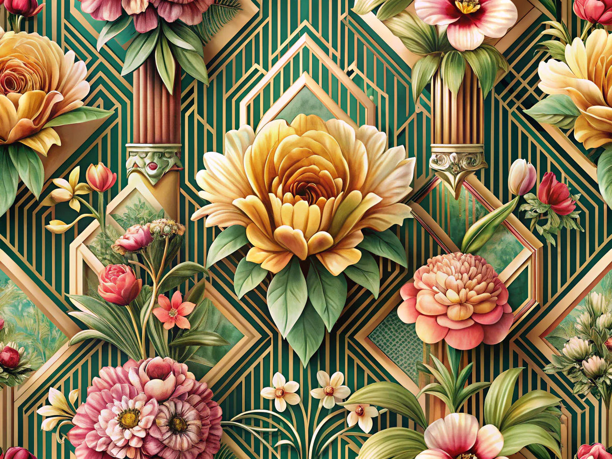 A blend of Art Deco geometric patterns and vintage floral designs, showcasing the elegance of Art Deco wallpaper and the charm of vintage floral wallpaper.