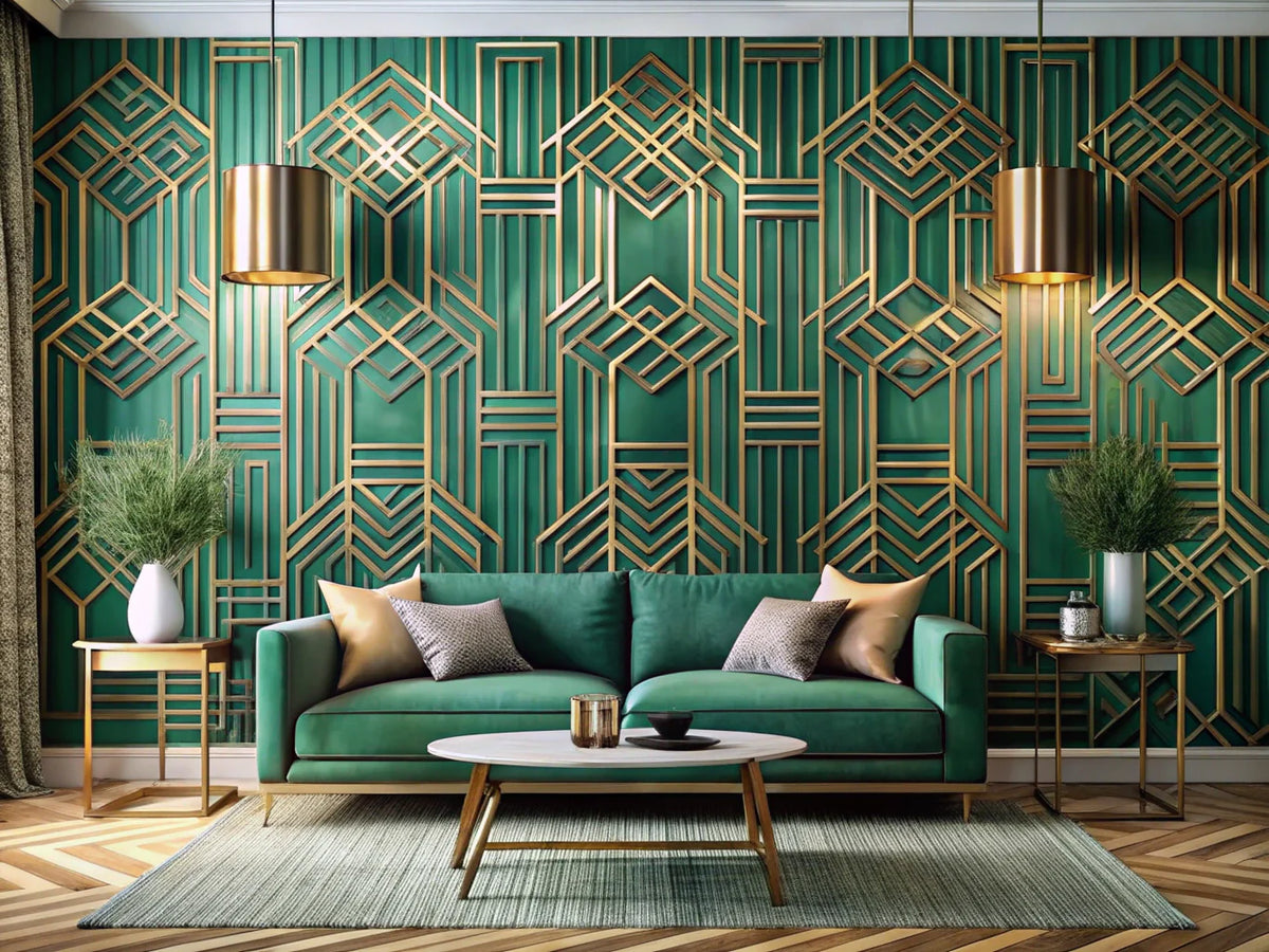 A modern interior showcasing emerald Art Deco wallpaper and golden geometric maze wallpaper, reflecting a luxurious and contemporary aesthetic.