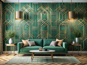 A modern interior showcasing emerald Art Deco wallpaper and golden geometric maze wallpaper, reflecting a luxurious and contemporary aesthetic.