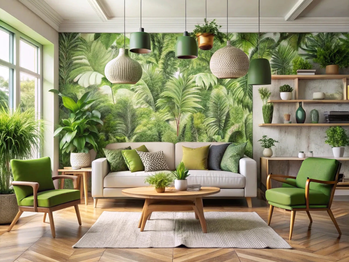 Cozy living room featuring eco-friendly wallpapers and sustainable decor, highlighting green wallpaper designs for a sustainable home makeover.