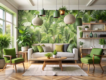 Cozy living room featuring eco-friendly wallpapers and sustainable decor, highlighting green wallpaper designs for a sustainable home makeover.