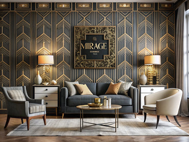 Stylish interior featuring Art Deco Mirage wallpaper, blending modern and vintage aesthetics with elegant furniture and geometric patterns.