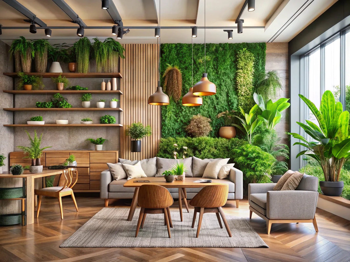 Eco-friendly wallpaper in a modern sustainable home decor setting, showcasing natural materials and plants, reflecting commitment to sustainability.