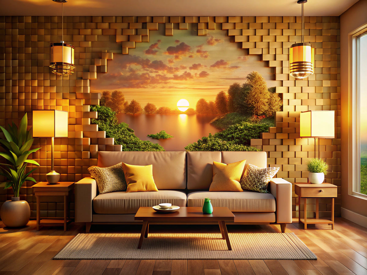 Cozy living room showcasing warm-toned wallpapers including Sunset Arcade, Voxel Sunset Landscape, and Metallic Sunset Gold.