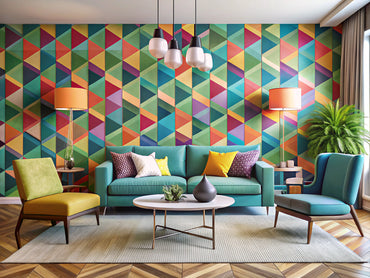 Modern living room with bold geometric wallpaper showcasing stylish interior design.