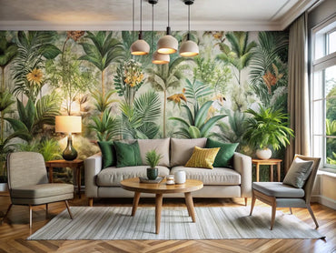 A modern living space featuring various wallpaper designs, including nature-inspired patterns and textured walls, creating a cozy and inviting atmosphere.