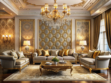 Luxurious living room interior with gold-accented, velvet-textured wallpaper and elegant furnishings creating a sophisticated ambiance.