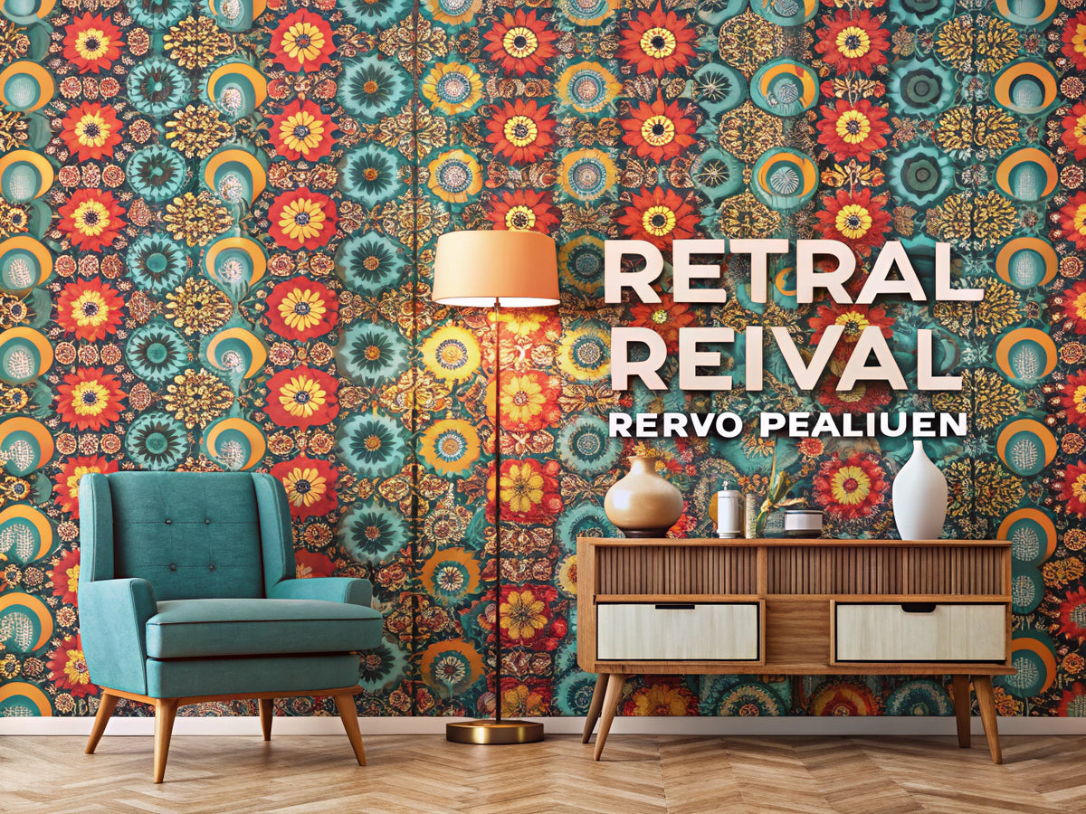 A vibrant retro wallpaper pattern displayed in a cozy interior, showcasing bold colors and classic designs, perfect for a blog about retro wallpaper revival.