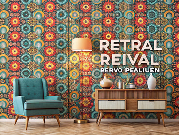 A vibrant retro wallpaper pattern displayed in a cozy interior, showcasing bold colors and classic designs, perfect for a blog about retro wallpaper revival.