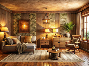 Cozy rustic room with textured wallpaper, warm earthy tones, wooden furniture, and soft lighting for a warm ambiance.
