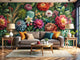 Modern living room with bold oversized floral wallpaper and vibrant decor accents