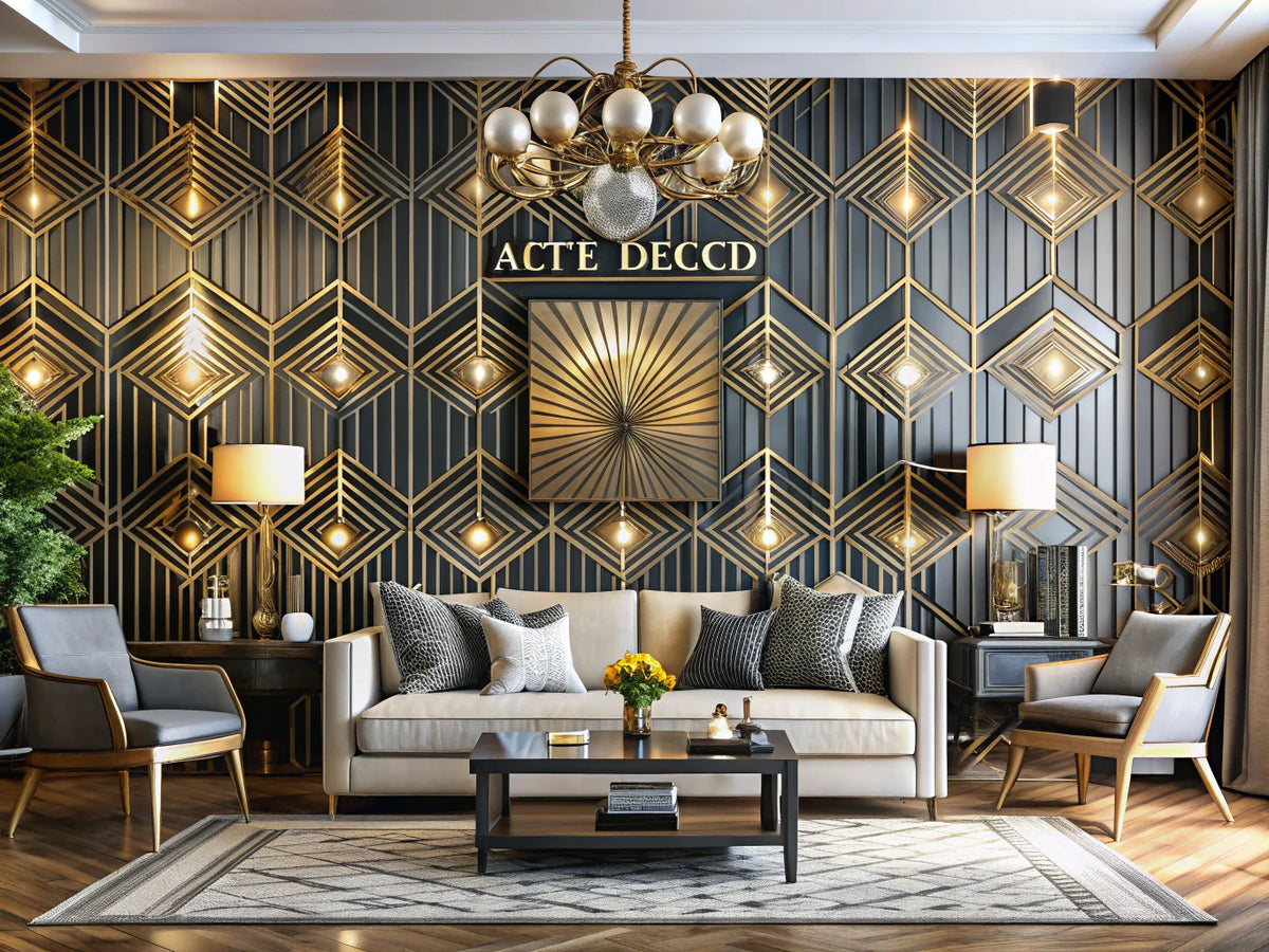 A stylish interior showcasing art deco and geometric wallpaper designs in a modern living space.