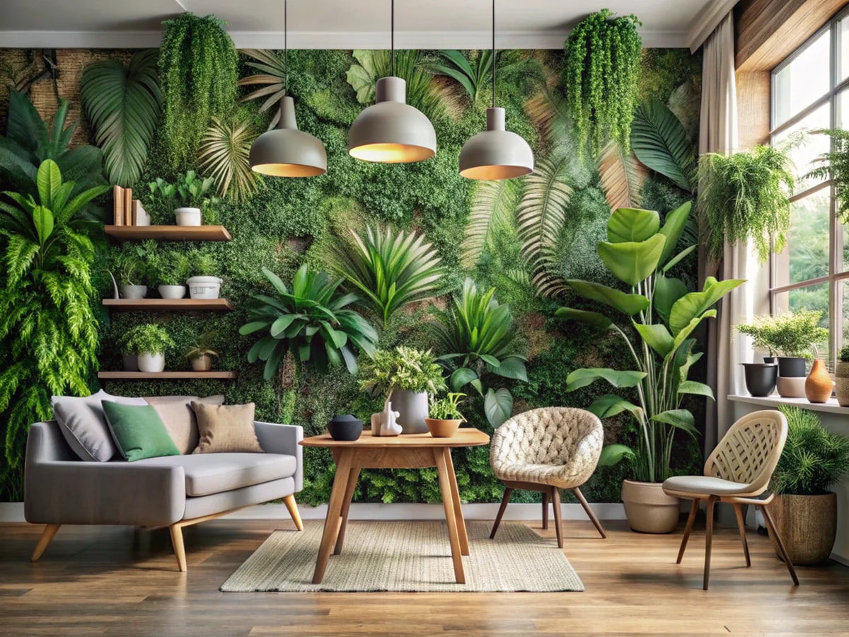 Eco-friendly wallpaper in a serene indoor setting with nature-inspired designs and indoor plants.