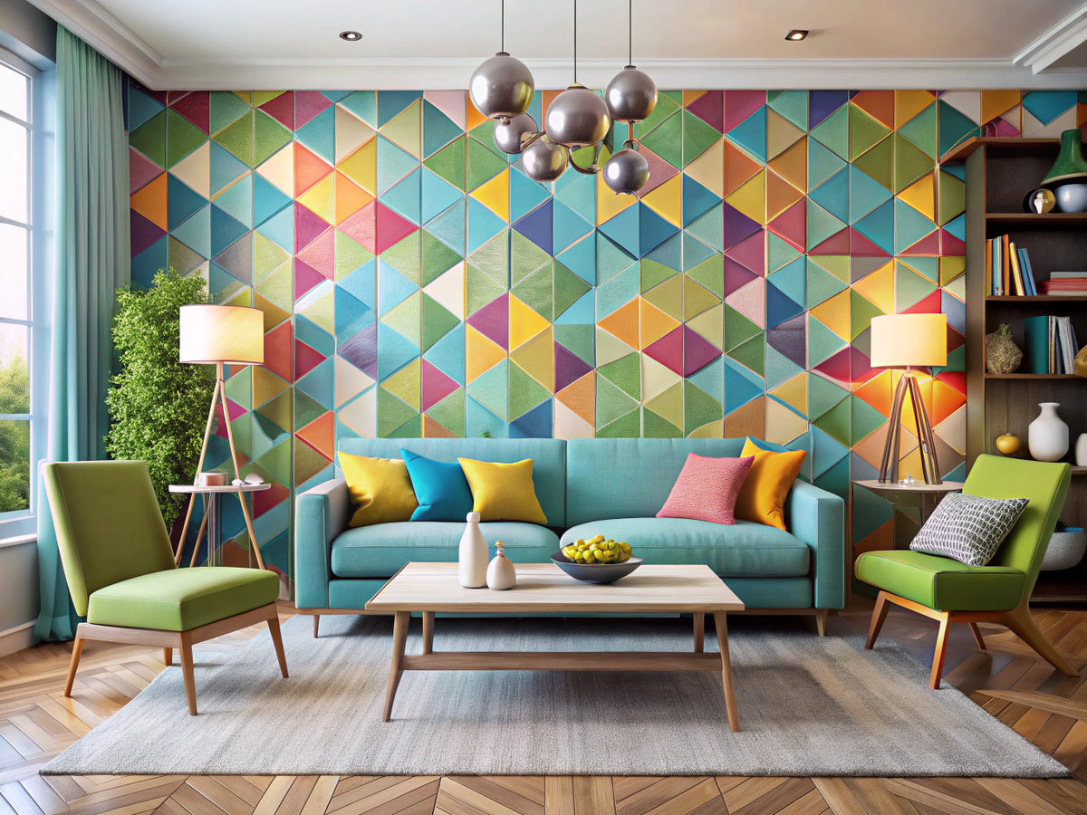 Modern living room showcasing geometric wallpaper patterns with contemporary furniture and bright colors.