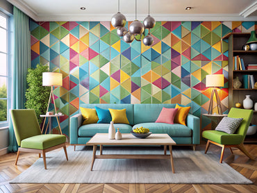 Modern living room showcasing geometric wallpaper patterns with contemporary furniture and bright colors.