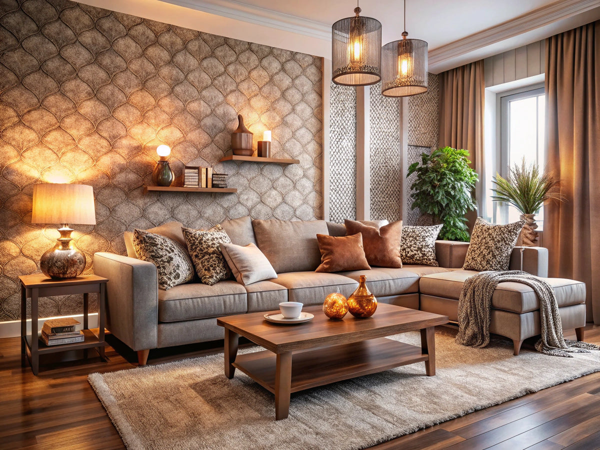 Cozy living room with textured wallpapers creating a warm and inviting atmosphere.