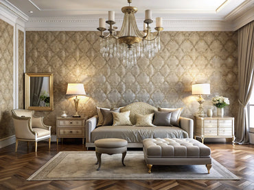 Luxurious room interior with textured wallpaper showcasing sensory elegance and a faux finish.