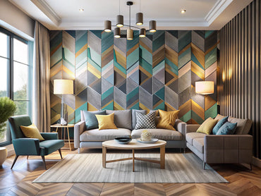 A stylish living room showcasing modern geometric wallpaper patterns, reflecting contemporary elegance and sophistication.