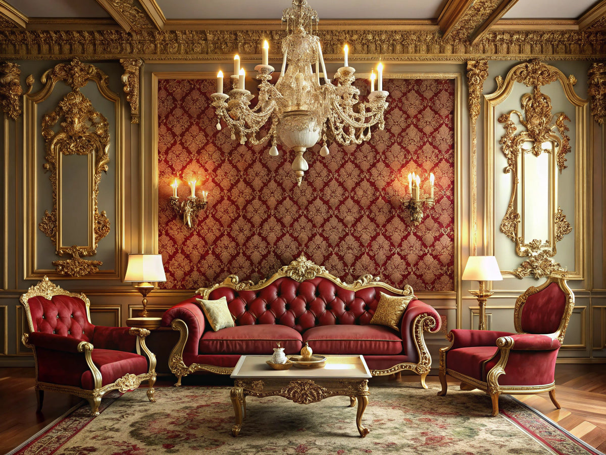 Elegant living room with ornate baroque wallpaper, gold scrollwork, crystal chandelier, and carved wood furniture.