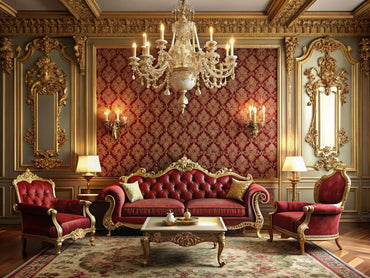 Elegant living room with ornate baroque wallpaper, gold scrollwork, crystal chandelier, and carved wood furniture.