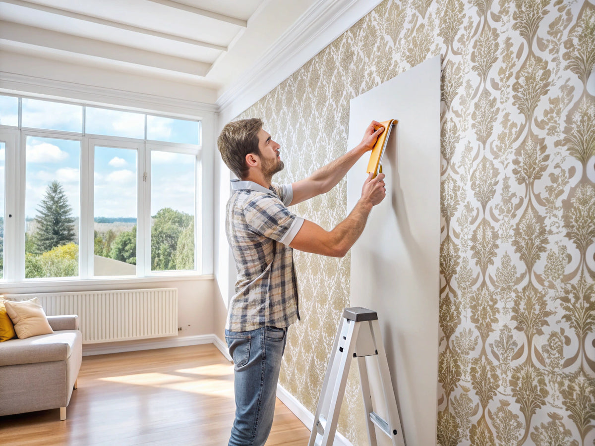 Person installing wallpaper in modern living room with smoothing tool, level, and drop cloth