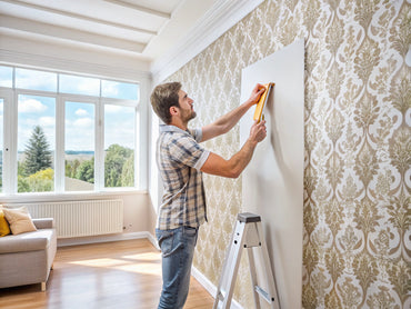 Person installing wallpaper in modern living room with smoothing tool, level, and drop cloth