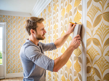 DIY wallpaper installation in modern home interior, smoothing patterned wallpaper effortlessly