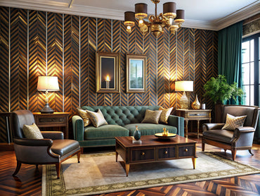Elegant living room featuring Art Deco wallpaper with geometric patterns and vintage decor, highlighting sophistication and luxury.