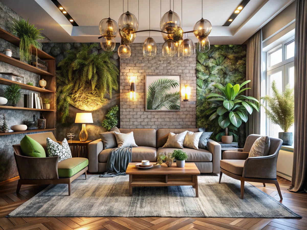 A cozy living room featuring various styles of textured wallpapers, showcasing depth and dimension in interior design.