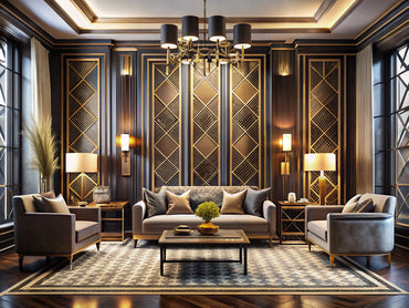 Elegant Art Deco inspired interior showcasing geometric patterns and rich color palettes, reflecting the timeless elegance of Art Deco design.